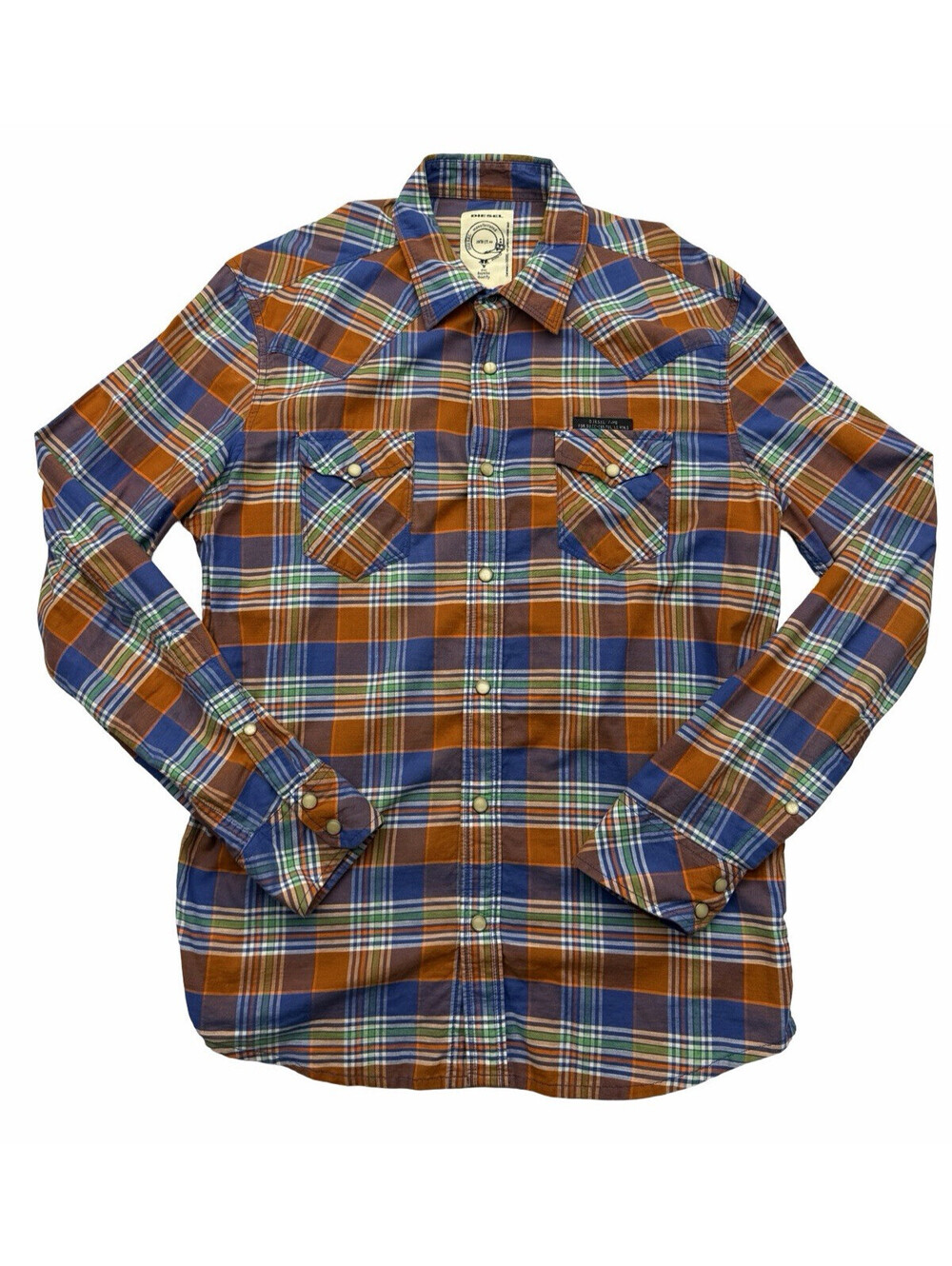 Diesel Men's Western Long Sleeve Button Up Shirt Plaid Orange Size L